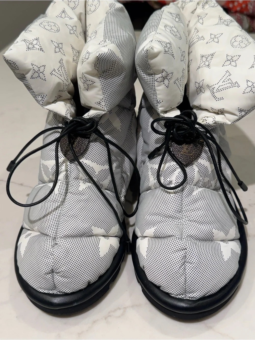 Louis Vuitton White Quilted Monogram Booties with Black Details